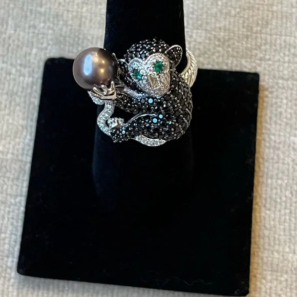 Sterling Silver Black Spinel Monkey Ring Size 7